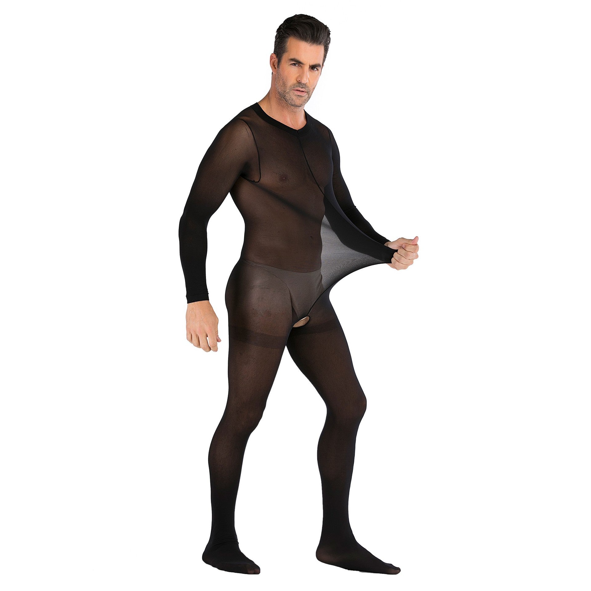 Men's Black Sexy Open Crotch Long Sleeve Bodystocking 