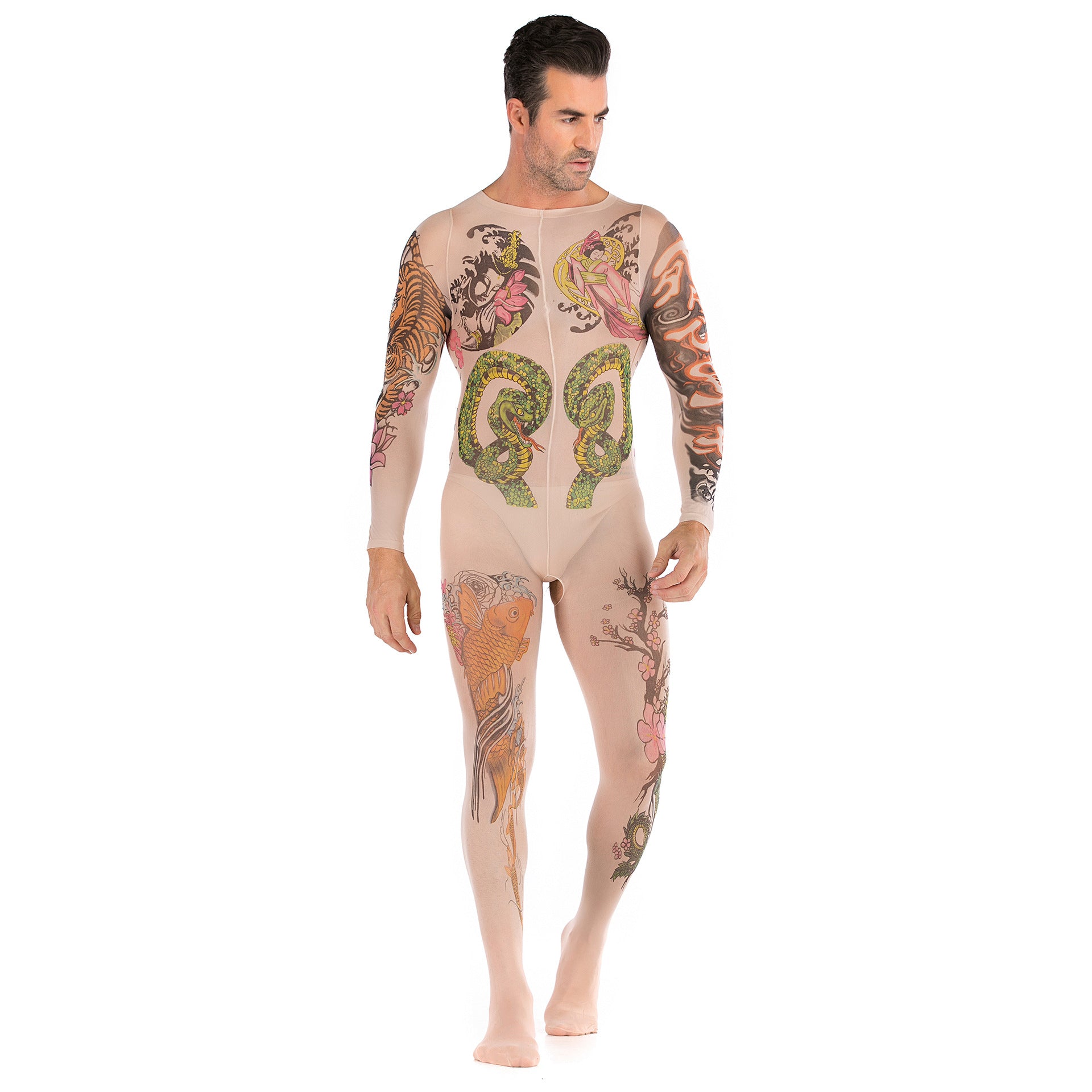 Men Sexy See Through Full Tattoo Coverage Bodystocking