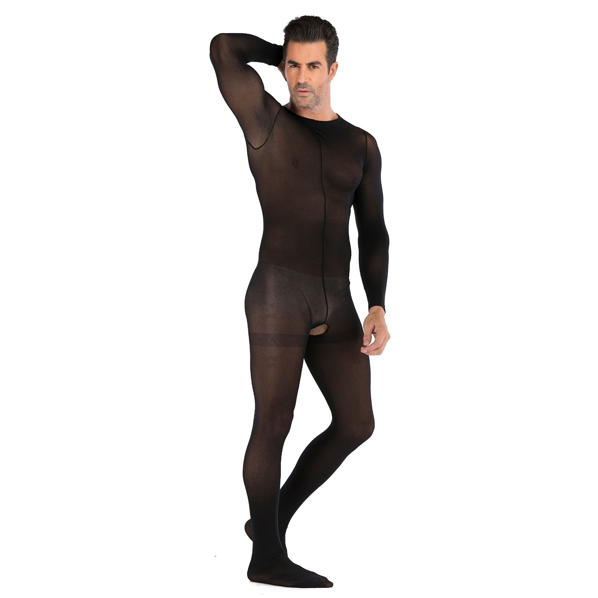 Men's Black Sexy Open Crotch Long Sleeve Bodystocking 