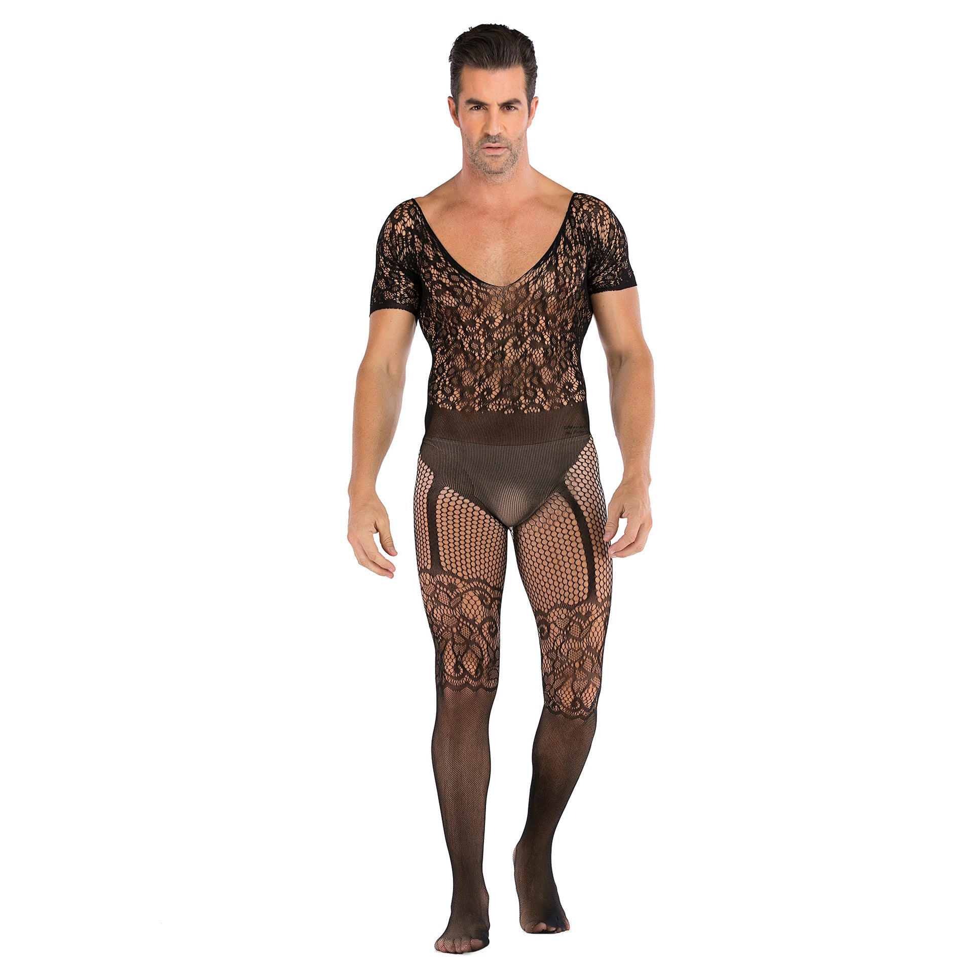 Mens Sexy Lace Fishnet See Through Bodystocking