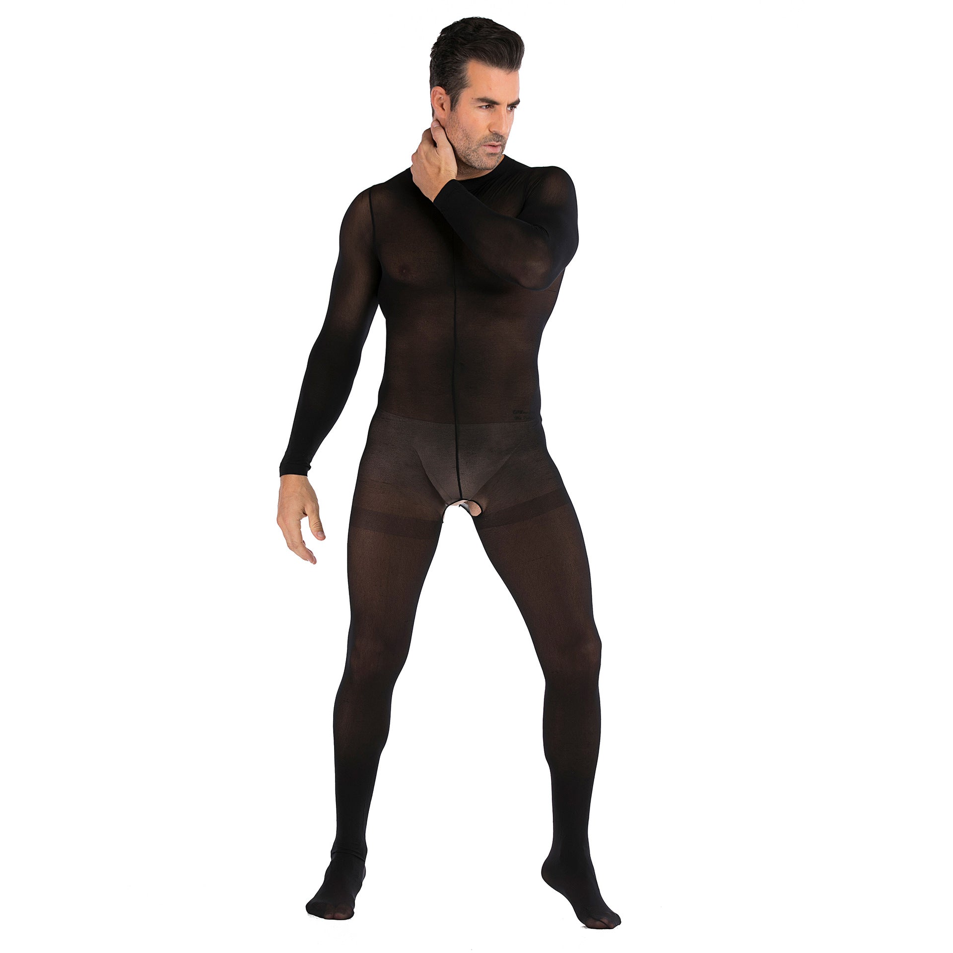 Men's Black Sexy Open Crotch Long Sleeve Bodystocking 