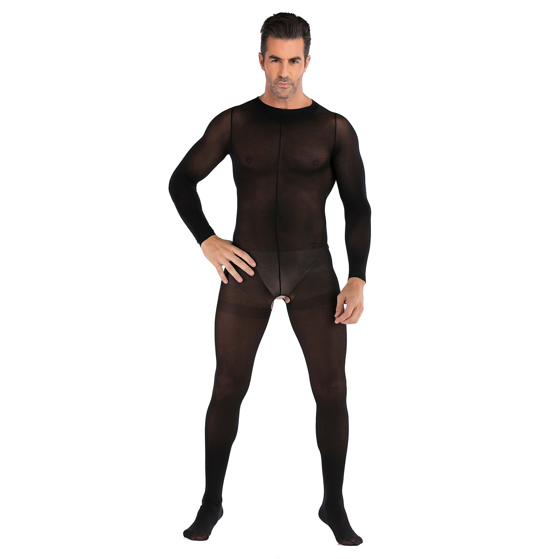 Men's Black Sexy Open Crotch Long Sleeve Bodystocking 