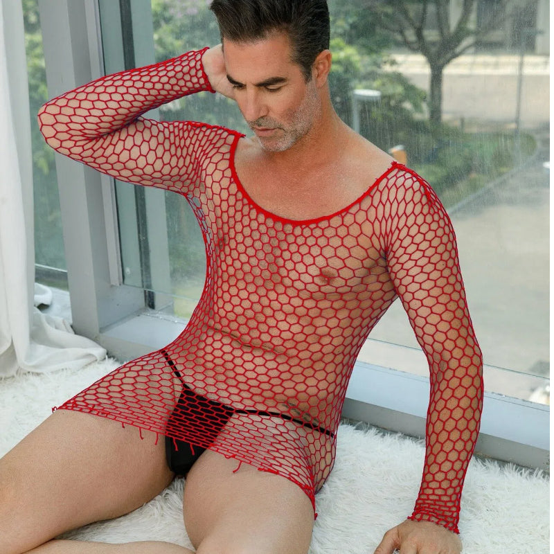 Men's Sexy Fishnet Bodystocking – Sheer Mesh One-Piece Lingerie, Stretch Bodysuit, Black & Red