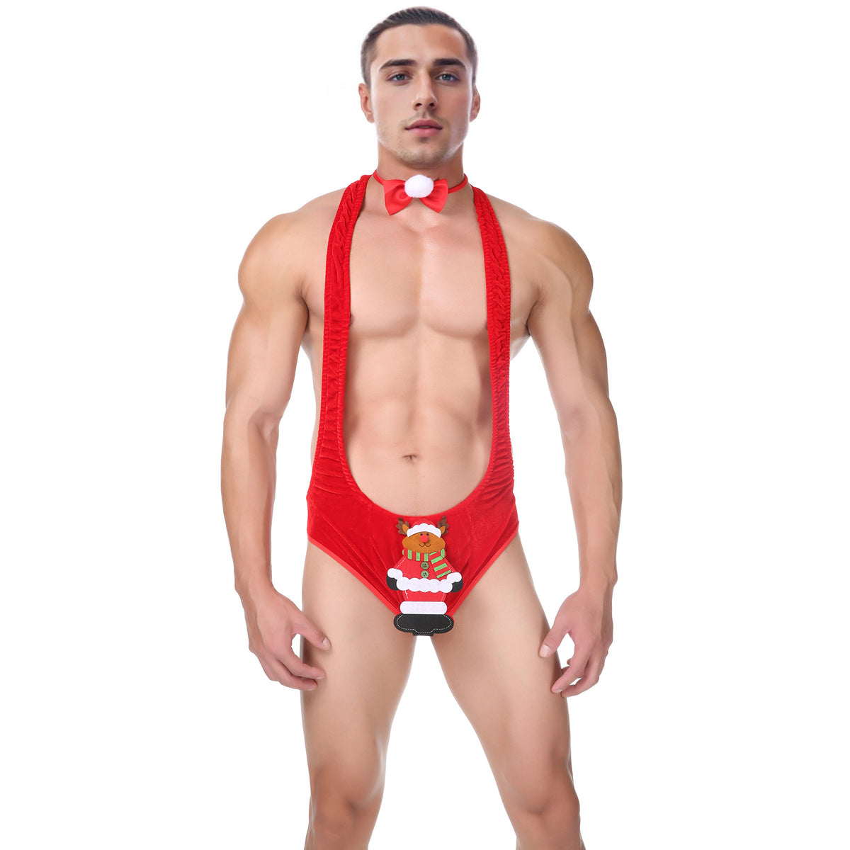 🎄圣诞麋鹿男士情趣制服｜伪娘装扮露臀体裤套装＋可爱领结｜节日 Cosplay 性感内衣