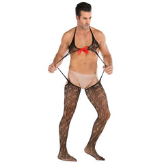 Men's Red Bow Mesh Bodysuit - Sheer High Cut Sexy Lingerie One Piece Nightwear