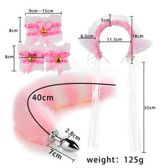 Black & Pink Fox Tail 5-Piece Set – Cute Cosplay Kit with Ears, Bell Choker, Wrist Cuffs & Long Tassel Tail Plug