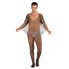 Men's Black Fishnet Bodysuit | Short Sleeve Sheer Mesh Jumpsuit with Cross Pattern Design