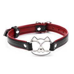 Women's BDSM Leather Collar - Black & Red PU with Metal Cat Face, Adjustable Pin Buckle Choker