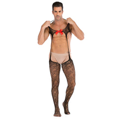 Men's Red Bow Mesh Bodysuit - Sheer High Cut Sexy Lingerie One Piece Nightwear
