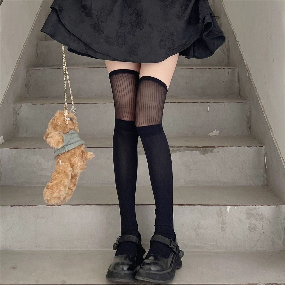 薄款Lolita竖条纹长筒袜，纯欲风拼接设计，显瘦过膝袜，黑白双色可选