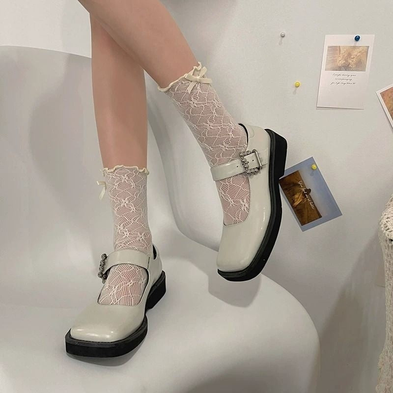 Elegant Bow Lace Mid-Calf Socks - Kawaii Japanese Style Breathable Mesh Socks for Women (Black/White/Beige)