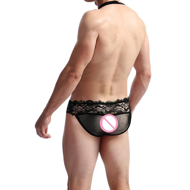 Sexy Men See Through Mesh Suspender Thong Underwear in Black