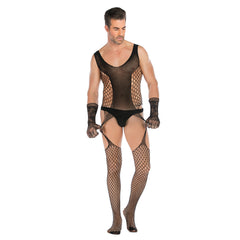 Men's Sexy Black Fishnet Bodysuit Set – High Stretch Jacquard Mesh Lingerie with Lace Gloves | One Size