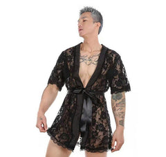 Men's Sexy Floral Lace Transparent Bathrobe Nightgown 3pcs