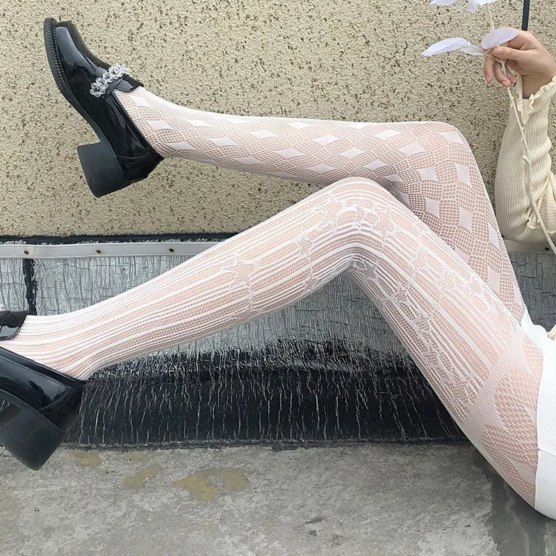 French Sexy Hollow-Out Fishnet Stockings | Star & Diamond Pattern | Black & White Colors