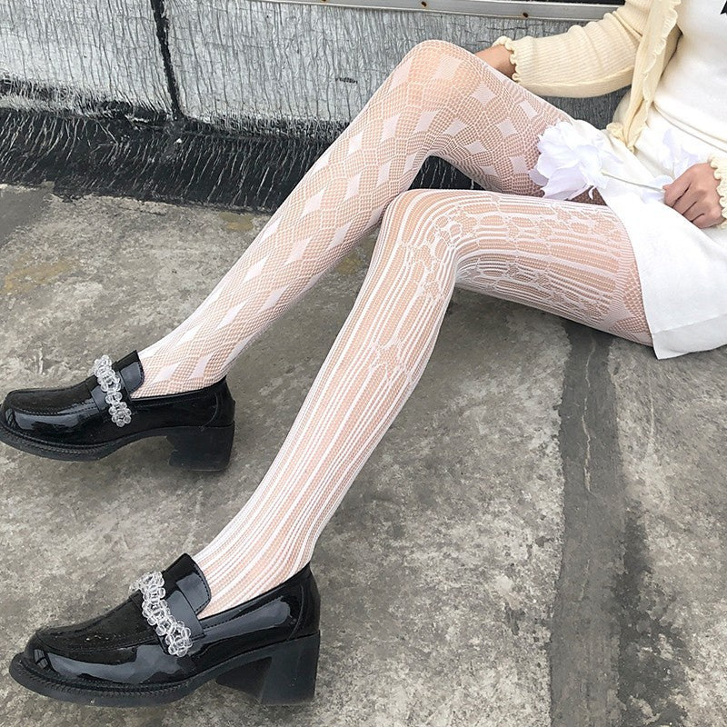 French Sexy Hollow-Out Fishnet Stockings | Star & Diamond Pattern | Black & White Colors
