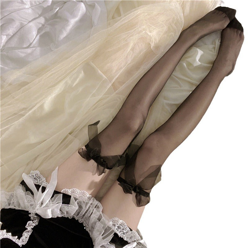 Girl's Cute Lolita Sheer Over Knee With Stain Bow Stocking(Two Color Available)