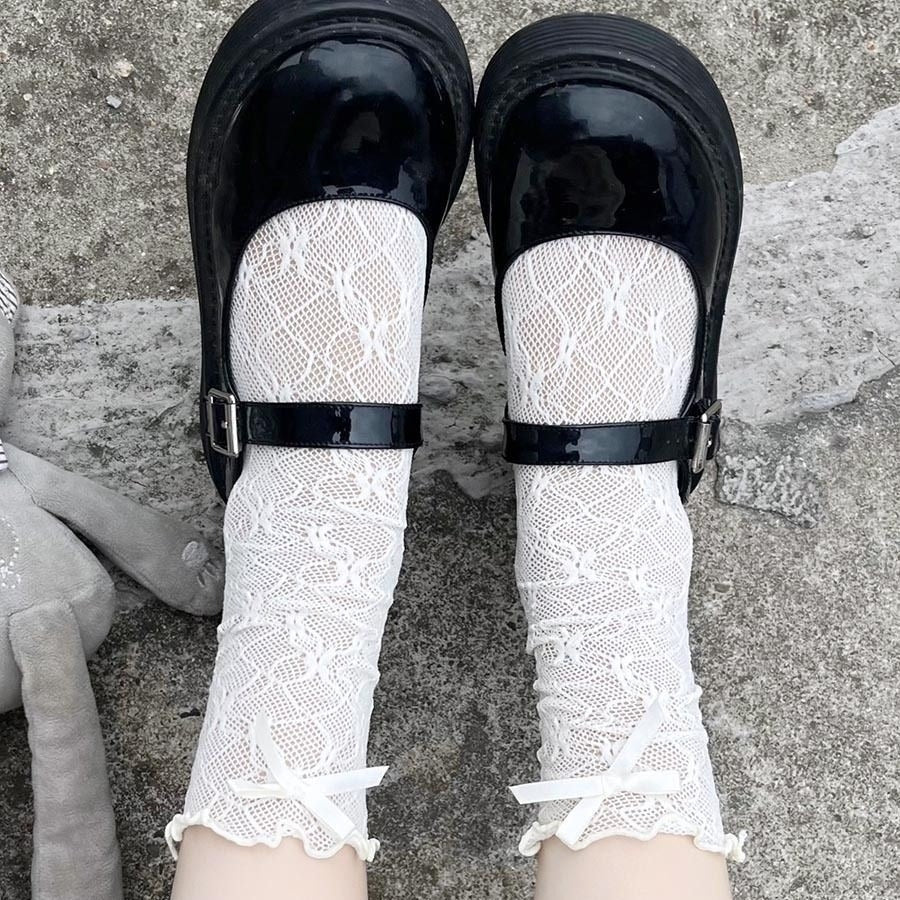 Elegant Bow Lace Mid-Calf Socks - Kawaii Japanese Style Breathable Mesh Socks for Women (Black/White/Beige)