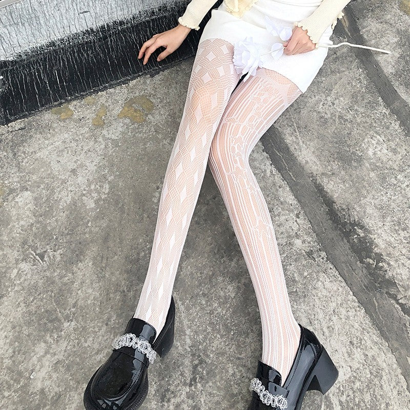 French Sexy Hollow-Out Fishnet Stockings | Star & Diamond Pattern | Black & White Colors