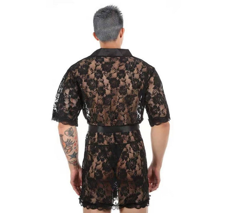 Men's Sexy Floral Lace Transparent Bathrobe Nightgown 3pcs