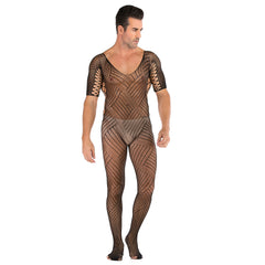 Men's Black Fishnet Bodysuit | Short Sleeve Sheer Mesh Jumpsuit with Cross Pattern Design