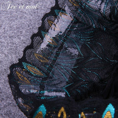 Peacock Lace Sheer Thigh-High Garter Stockings – Black & Teal, Stretchy Nylon