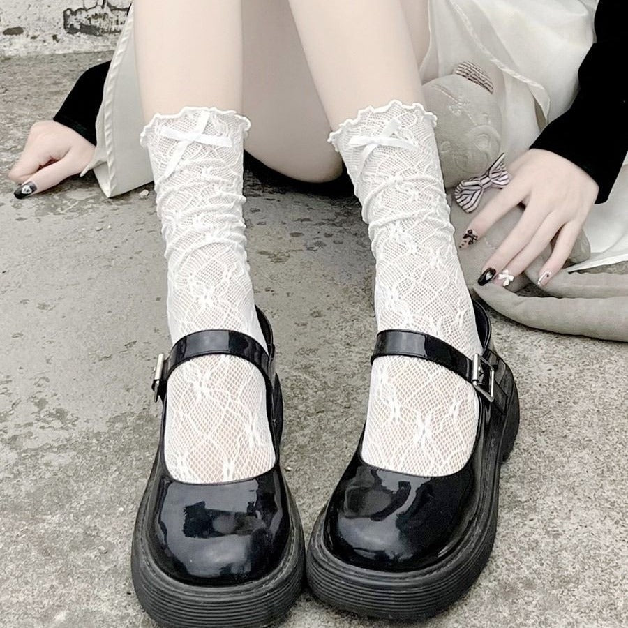 Elegant Bow Lace Mid-Calf Socks - Kawaii Japanese Style Breathable Mesh Socks for Women (Black/White/Beige)