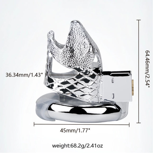 Snake Head Design Male Chastity Device, Breathable Metal Cage with 3 Rings