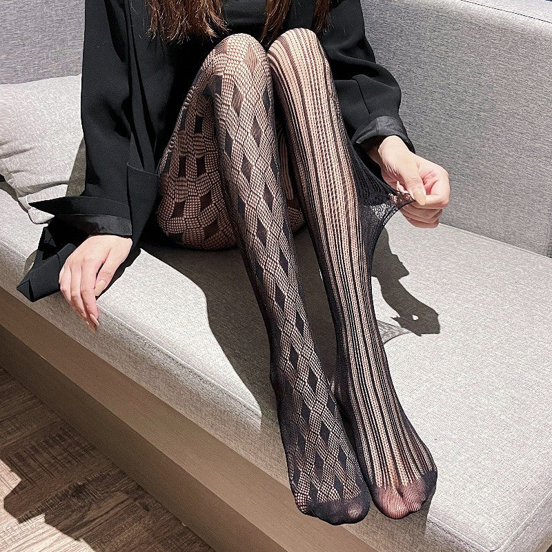 French Sexy Hollow-Out Fishnet Stockings | Star & Diamond Pattern | Black & White Colors