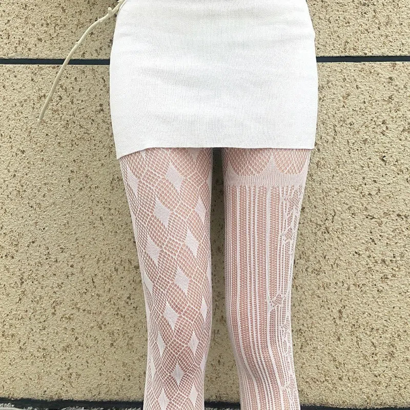 French Sexy Hollow-Out Fishnet Stockings | Star & Diamond Pattern | Black & White Colors