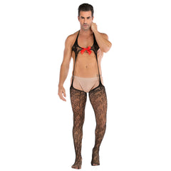 Men's Red Bow Mesh Bodysuit - Sheer High Cut Sexy Lingerie One Piece Nightwear