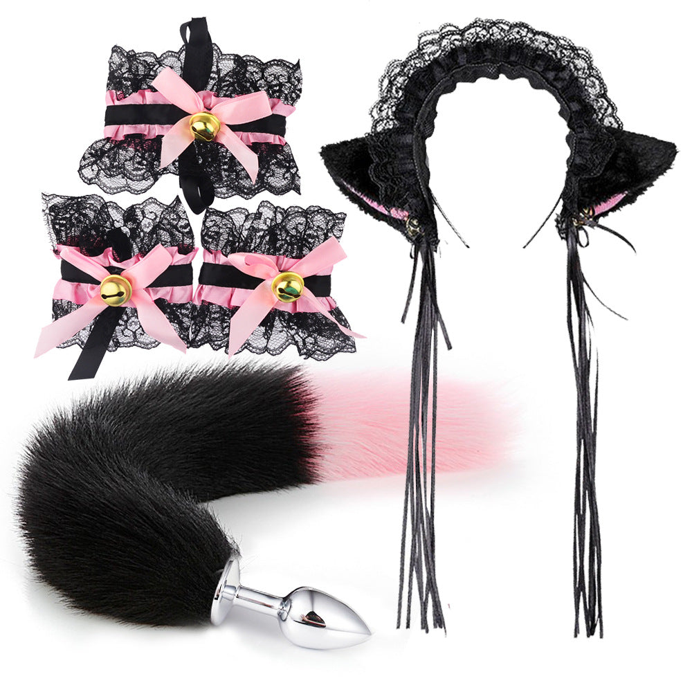 Black & Pink Fox Tail 5-Piece Set – Cute Cosplay Kit with Ears, Bell Choker, Wrist Cuffs & Long Tassel Tail Plug