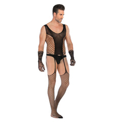 Men's Sexy Black Fishnet Bodysuit Set – High Stretch Jacquard Mesh Lingerie with Lace Gloves | One Size