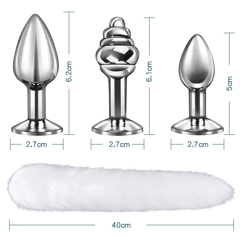 3 Pcs Replaceable Stainless-Steel Long Fox Tail Butt Plug Set