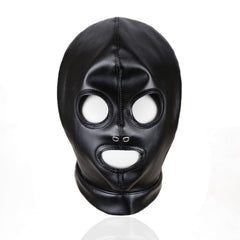 Black PU Leather Open Mouth & Eye Hood | BDSM Bondage Mask for Role Play & Fetish Lovers