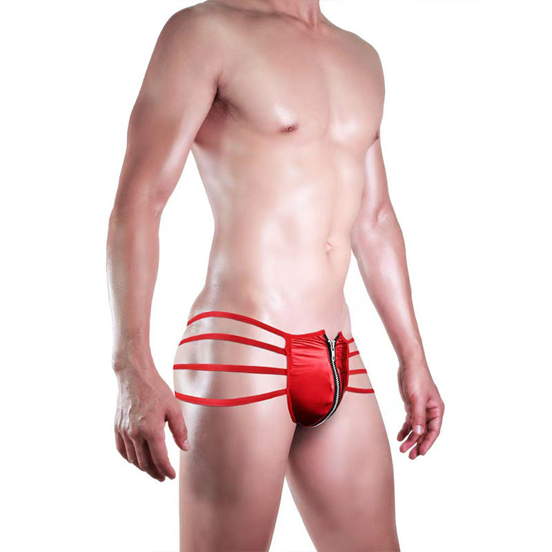 Men's Sexy Zipper Open Front See-Through Underwear in Red