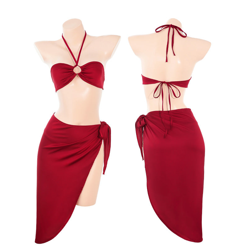 Sexy Red One piece Swimsuit Bikini Thong+Dress Set