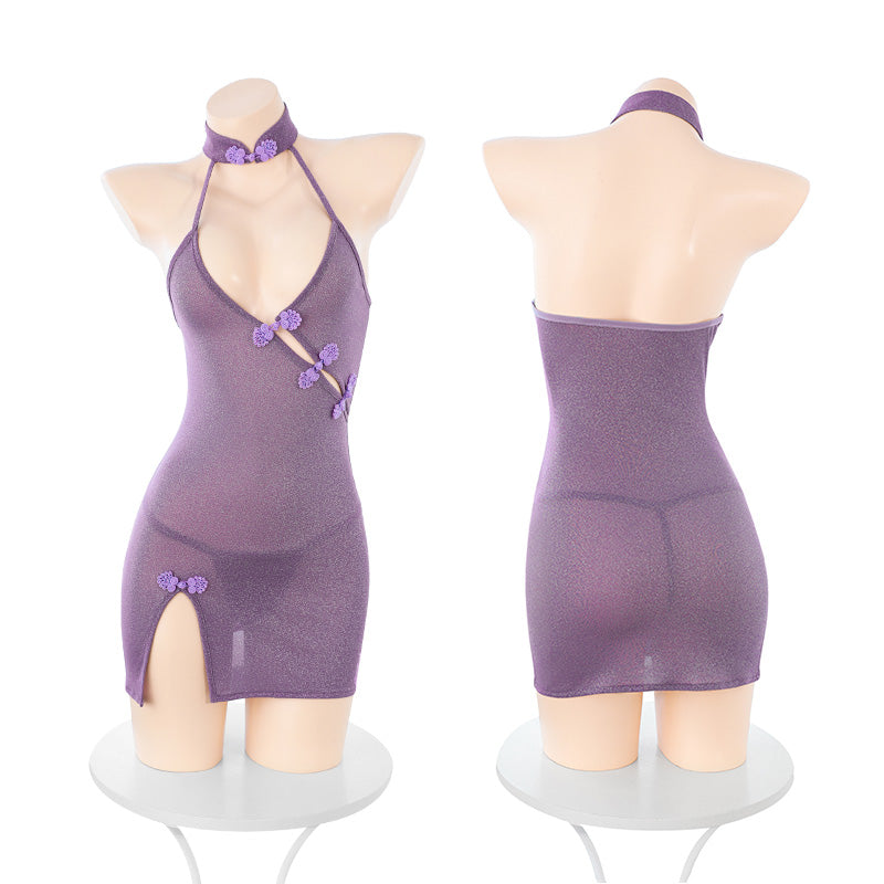 Sexy Purple Deep V High Split Cheongsam + White Stocking Set