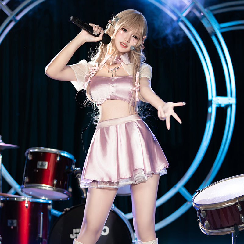 Sexy KPOP Idol Sheer Crop Top Costume Set – Pink Schoolgirl Lingerie Uniform