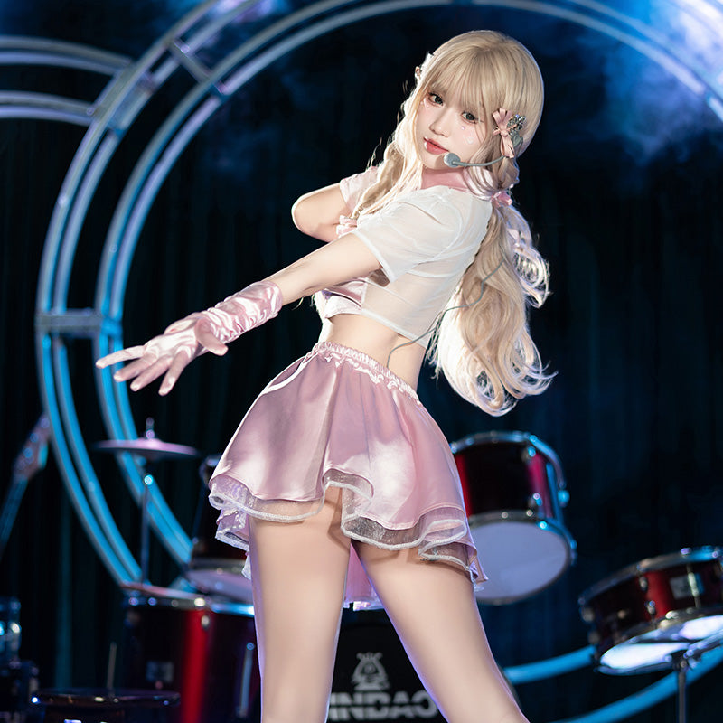 Sexy KPOP Idol Sheer Crop Top Costume Set – Pink Schoolgirl Lingerie Uniform