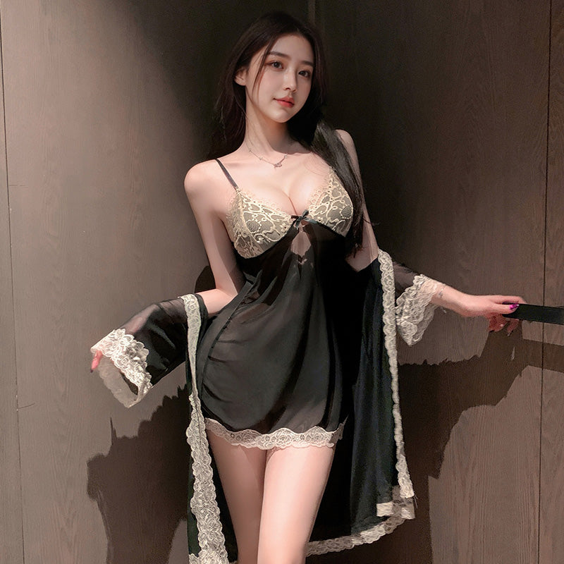 晚安日记微醺性感透视家居睡裙套装 | 黑色/绿色/白色可选 | 女士情趣睡衣战袍