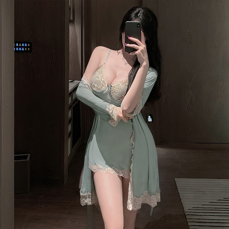 晚安日记微醺性感透视家居睡裙套装 | 黑色/绿色/白色可选 | 女士情趣睡衣战袍
