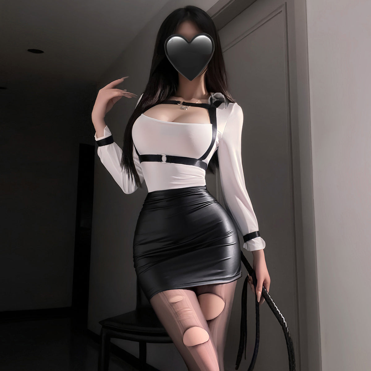 Sexy Office Secretary Roleplay Set – Black & White Faux Leather Top, Bodycon Skirt, Bondage Straps & Pantyhose | S–XL