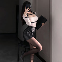 Sexy Office Secretary Roleplay Set – Black & White Faux Leather Top, Bodycon Skirt, Bondage Straps & Pantyhose | S–XL