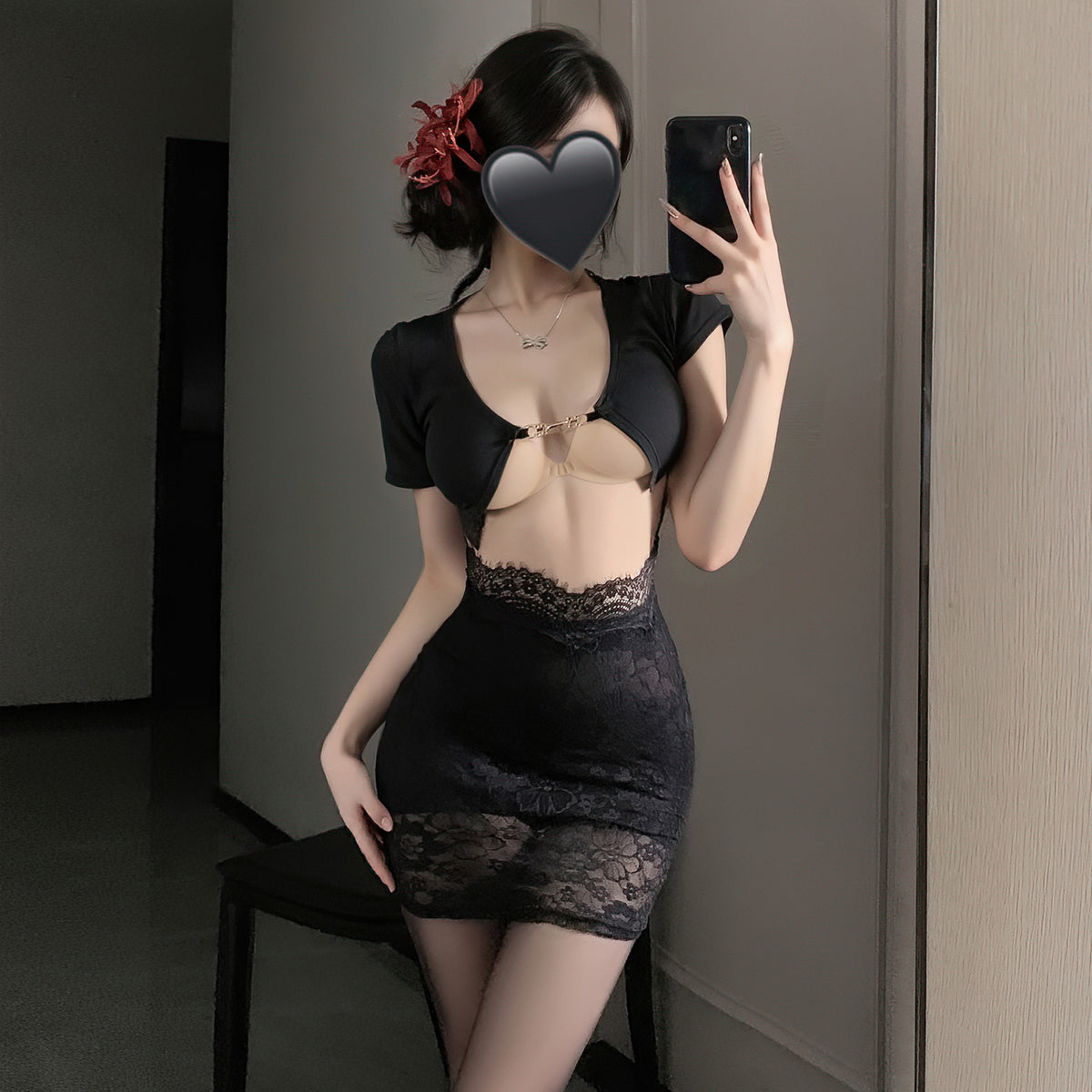 Private Secretary Black Lace Lingerie Set – Sheer Halter Skirt + T-Back + Black Stockings