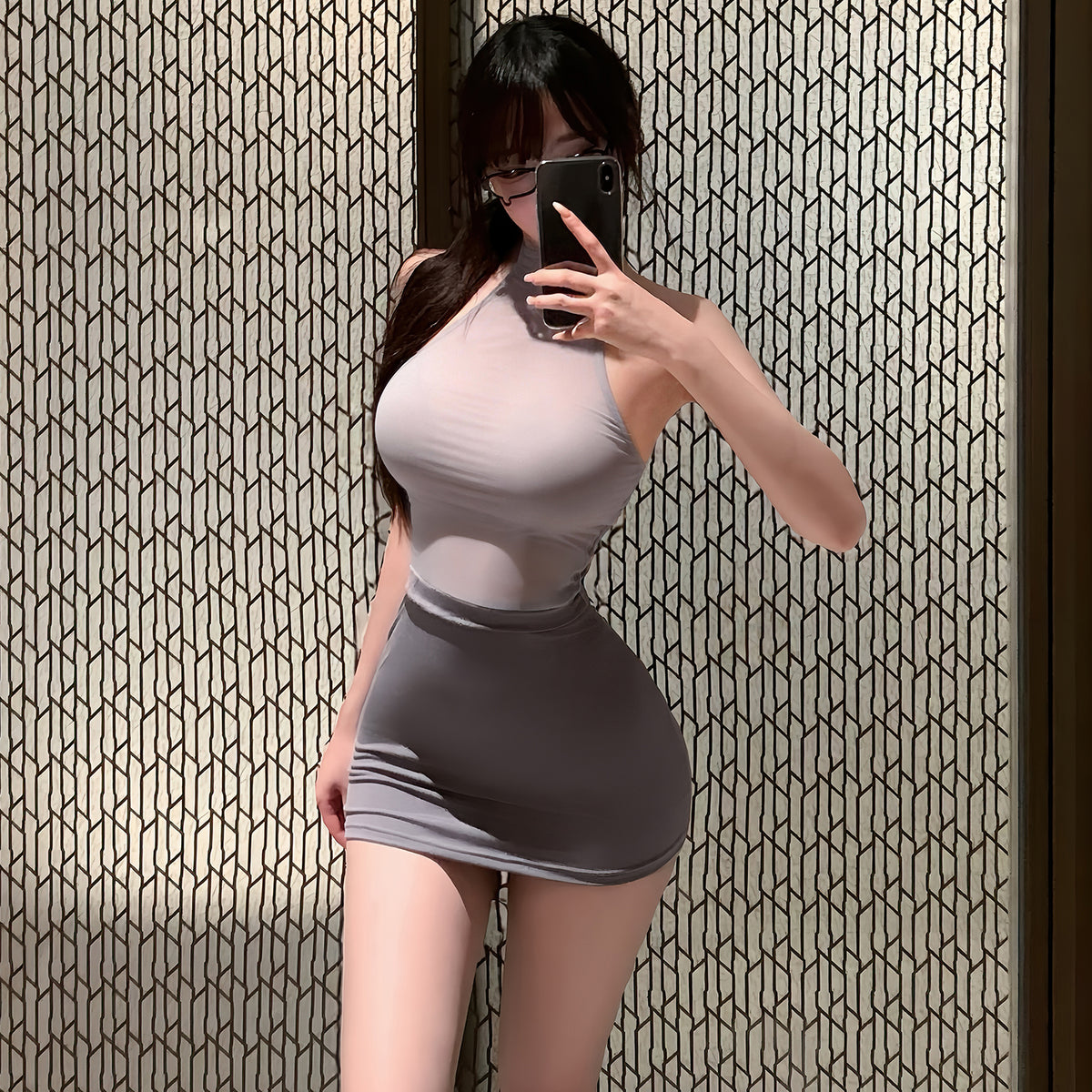 Luxury Grey Ice Silk Halter Dress Set – Sheer Mesh Backless Bodycon Lingerie (Dress + Thong)