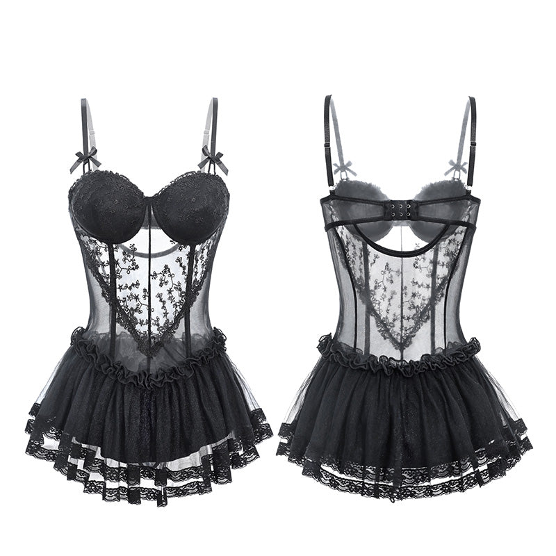  Women's Lace Babydoll Bustier Mesh Lingerie Dress Set with Black Stockings