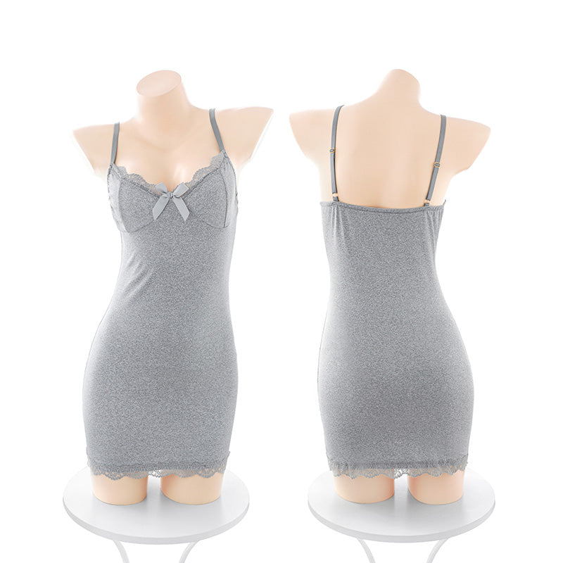 Sexy Full Slip V Neck Lace Sleepwear in Grey