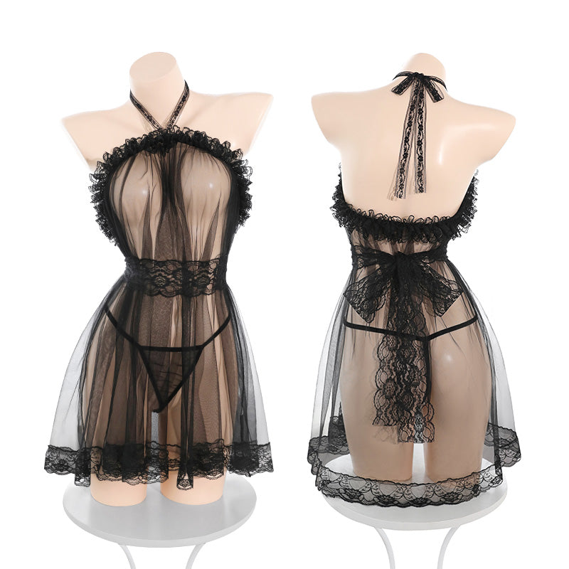 Sexy See-Through Lust Backless Mesh Nightgown + Stockings (Two Colors Available)