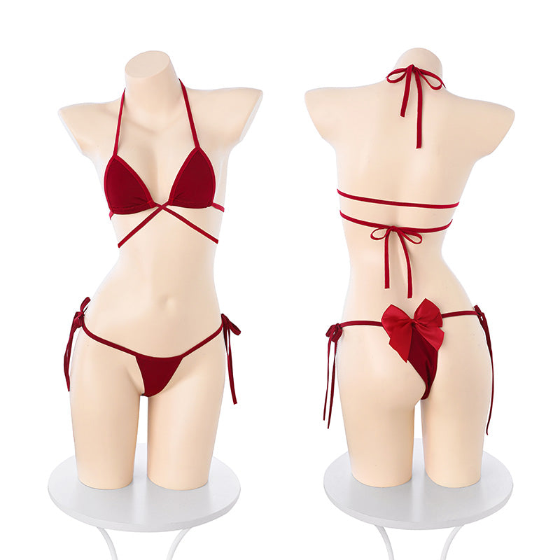 Red Sexy Bow Tie Lace-up Bikini + White Cover-up Set